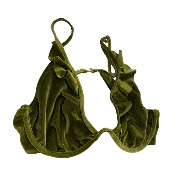 Pretty Little Thing Olive Green Ruffle Frill Velour Velvet Bikini Set - Picture 9 of 11